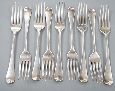 A set of nine George III silver Hanovarian pattern table forks, Eley & Fearn, London, 1804, 17oz.